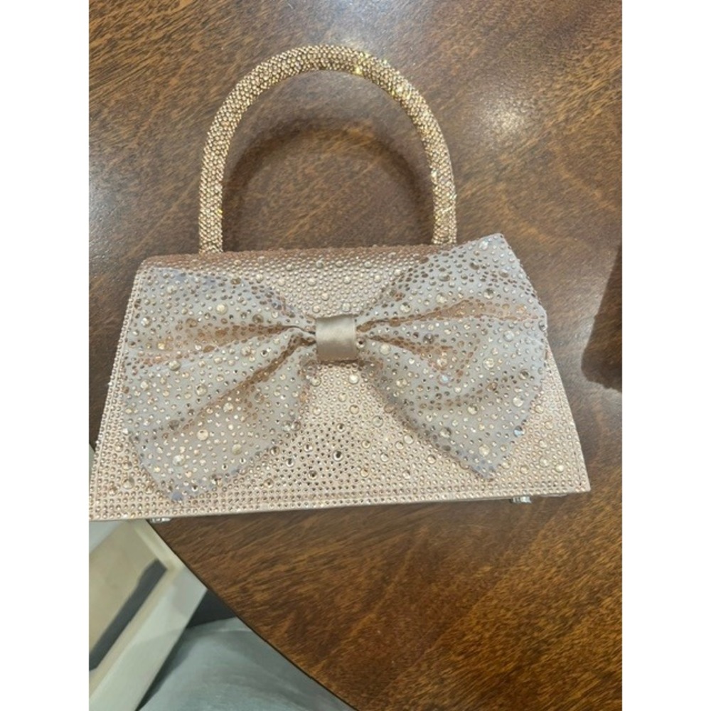 Nina Champagne Satin Rhinestone Bow Evening Bag Clutch Top Handle Chain Strap